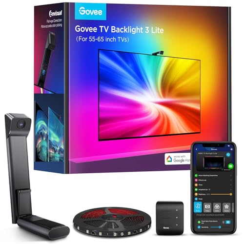 Govee TV Hintergrundbeleuchtung 3 Lite mit Fish-Eye Korrektur Funktion, Sync für 55-65 Zoll TVs, 3,6M RGBICW WiFi TV LED Strip mit Kamera, 4 Farben in 1 Lampenperle, Sprach- & APP-Steuerung