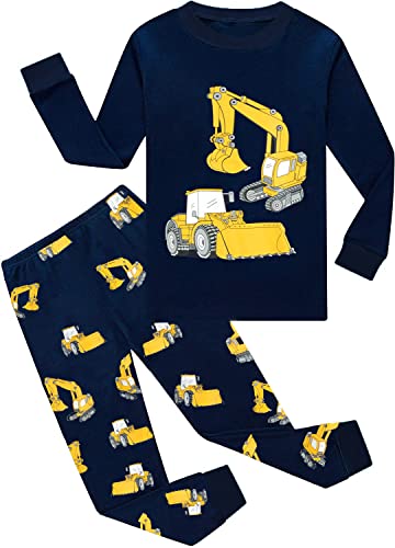 EULLA Kinder Jungen Schlafanzug Langarm Baumwolle Winter Pyjama Set Bagger Zweiteiliger Nachtwäsche 3 Jahre alt Größe 98 A-Dunkelblau Bagger DE 98