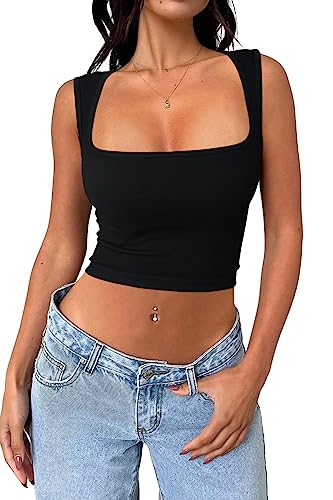 Cuptacc Oberteile Damen Sommer Basic Ärmelloses Eckigem Ausschnitt Shirt Skims Täglich Bauchfreie Tops Schwarz XS 30-32