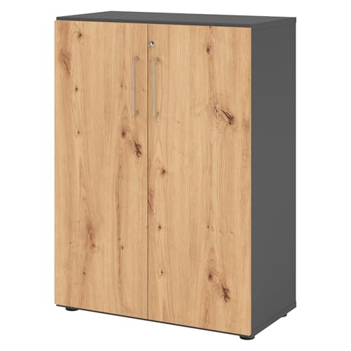 bümö Aktenschrank abschließbar, Büroschrank Holz 80cm breit in Graphit/Asteiche - abschließbarer Schrank mit Aktenregal für's Büro & Arbeitszimmer, Büro Möbel Ordnerschrank mit Schloss