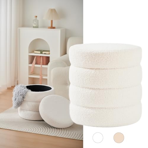 Zedelmaier Runder Teddy Hocker mit Stauraum - Sitzhocker, Schminktisch & Aufbewahrungshocker für Wohnzimmer, Schlafzimmer & Kinderzimmer (Weiß)