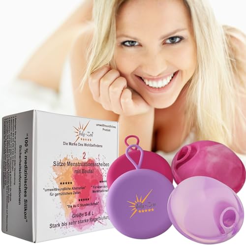 Menstruationsscheibe / Menstruationstasse aus medizinischem Silikon - BPA-frei und umweltfreundlich - ideal für Sport Schwimmen - Set mit 2 Periodenscheiben der Größe S + L und 2 Aufbewahrungstaschen