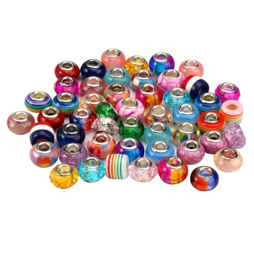 50 Stück Bunte Perlen zum Auffädeln Perlen mit Großem Loch Runde Großlochperlen Vintage Art Glass Blumenmuster Transparenz und Farbfüllung für DIY Schmuckherstellung, Armbänder, Halsketten Basteln