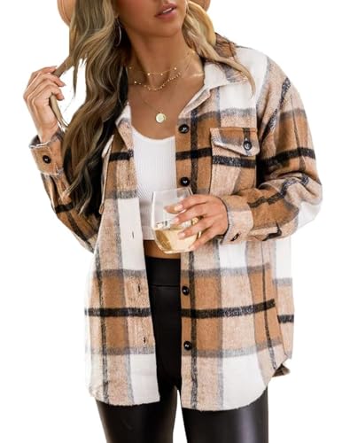 Zeagoo Damen Jacke Frühling Winter Casual Oversized Hemdjacke Knöpfen Mantel Warme Bluse Karierte Jacke Braun Weiß S