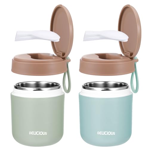 Jostift 2 Stück Edelstahl Thermobehälter für Essen Kinder mit Löffel, 430ml Warmhaltebehälter Essen Thermobecher Müslibecher to Go Edelstahl Thermobecher Babybrei für Kinder (grün+blau)