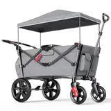 EVER ADVANCED Bollerwagen für 2 Kinder Faltbar mit Dach, Kinderwagen 2x5 Punkt Sicherheitsgurt mit Wickelrucksack, Bollerwagen mit Sitz, Handwagen Transportwagen, Ziehen & Schieben, Fußbremse