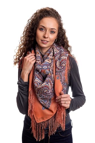 Original Damen Lachsfarbe Russischer Pawlow Pavlovo Posad Schal Tuch Umschlagtuch 100% Wolle mit fransen, mit Paisley und Blumen 125cm x 125cm