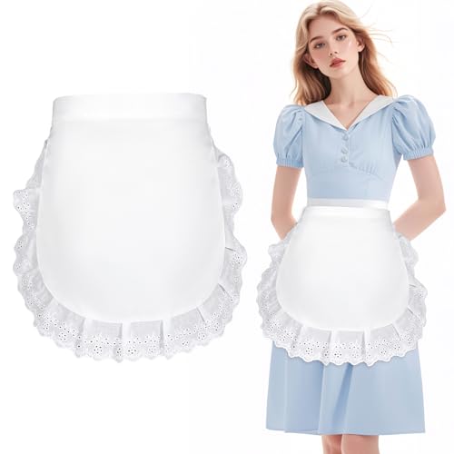 Ptwola Damen Taillenschürze Retro-Küchenreinigung Rüschen Halbschürze weißes Dienstmädchen-Kostüm Spitzenschürzen für Frauen Köche Partys Kochen Restaurants Kellnerinnen Diener Bistro, Café Cosplay