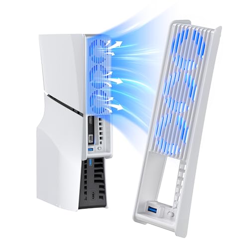Lüfter für PS5 Slim, PS5 Slim Lüfter mit automatischer Geschwindigkeitseinstellung, leiseres Kühlzubehör mit LED-Licht und USB3.0-Hubs, für PS5 Slim Disc und Digital Editions, Nicht für PS5 Pro(Weiß)