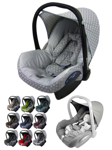 Bezug [Ersatzbezug für Babyschale] kompatibel mit Maxi-Cosi CabrioFix Komplett-Set Sitzbezug 6-teilig mit Gurtpolstern Sonnenverdeck Kopfstütze (Sterne hellgrau)