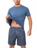 Litherday Herren Schlafanzug Kurz Pyjama Baumwolle Kurzarm Zweiteiliger Pyjama Set Nachtwäsche Kurzarm Oberteil und Karierte Schlafanzughose Hausanzug Sleepwear Weich und Hautfreundlich