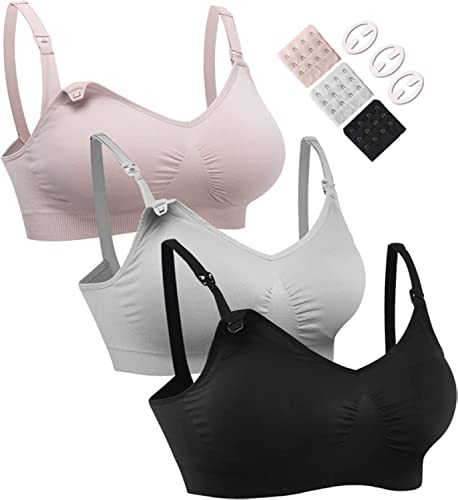 HOFISH Still-BHs für die ganze Brust, nahtlos, mit extra BH-Verlängerungen und Clips, 3 Stück, Schwarz/Grau/elegantes Rosa, Large