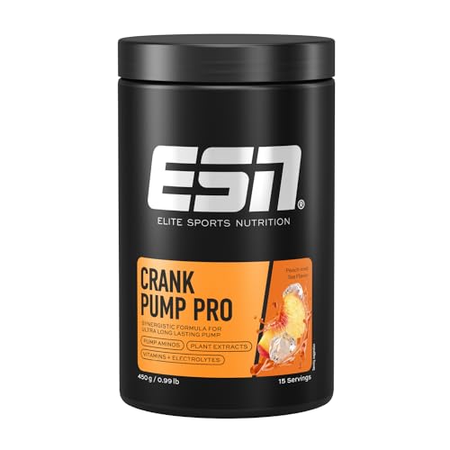 ESN Crank Pump Pro, Peach Iced Tea, 450 g, Pre Workout Booster, für maximalen Muskelpump, Performance und Regeneration, geprüfte Qualität - made in Germany