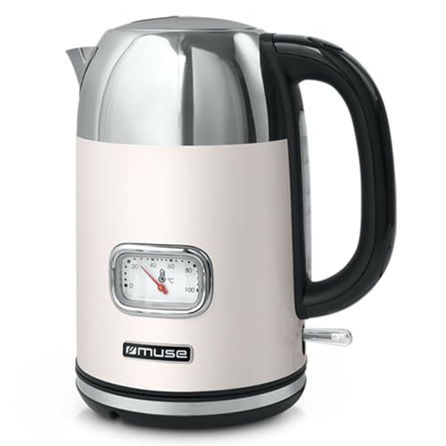 MUSE Edelstahl Retro Wasserkocher mit analoger Temperaturanzeige, mit Filter, transparenter Skala, 1,7L Fassungsvermögen, Automatische Abschaltung, beige-edelstahl (MS-020 SC)