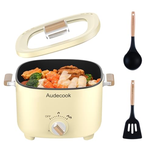 Audecook Elektrischer Hot Pot, 2.5L Tragbare Multikocher für 1-3 Personen, Antihaftbeschichtung mit Wabentextur, Elektrischer Reisetopf Wokpfanne für Steak/Nudeln/Suppe/Ei (Beige)