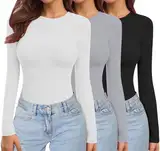 Ekouaer Damen 3 Pack Langarmshirt Rundhlas Unterhemd Layer Tee Warm Thermo Oberteil Slim Fit Basic Tops, Schwarz + Hell Grau + Weiß M