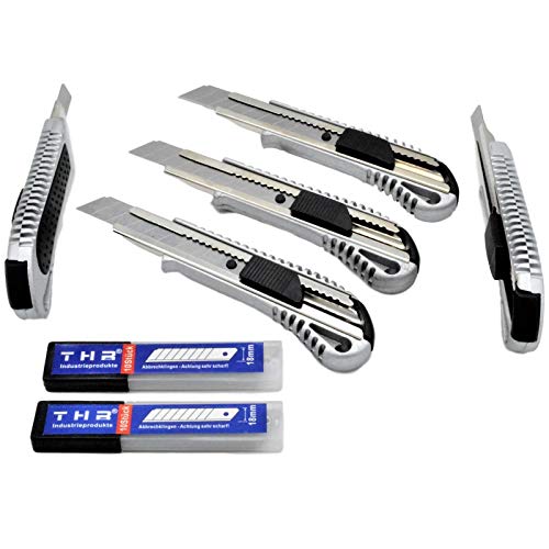 THR Industrieprodukte 5 Stück Alu Profi Cuttermesser THR Druckguss Teppichmesser 18mm Abbrechklinge Mehrzweck Messer 20 Klingen