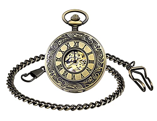 Unendlich U Retro Handaufzug Mechanische Taschenuhr Römisch Gravierung Hohle Skelett Kettenuhr Duale Zeitanzeigen mit Römischen Ziffern Bronze