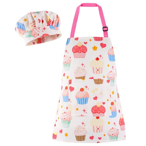 KIMMAX Kinderschürze 100% Baumwolle Universal-Schürze und Kochmütze Set für Kinder Kleinkinder passend für Kochen Backen Malen Basteln und Party (Pink Sweet Cake with Hat, Large)