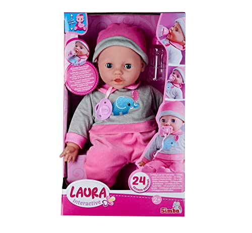 Simba 105140066 - Laura Interactiv, Weichkörperpuppe mit Schlafaugen, brabbelt bei Bewegung, trinkt von Flasche und schläft EIN, 40cm, Babypuppe ab 2 Jahre