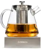 Deleca Borosilikat Glas Teekanne mit Teelicht - Teekanne Glas Set mit Siebeinsatz und Stövchen - Ideal für Losse Tee und Teeblumen - Perfektes Geschenkset - Glass Teapot - 1.5L