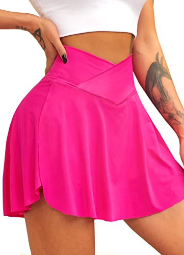 Navneet Tennisrock Damen Minirock Skort Hosenrock Kurz Rock mit Hose Faltenrock Sommer Golf Sportrock Mini Skirt Hot Pink M