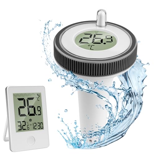 Pool Thermometer Funk, Poolthermometer Schwimmend Funk Digitales Thermometer für Pool, IP67 Wasserdicht Schwimmbadthermometer Wasserthermometer Innen Außen für Schwimmbäder, Aquarium, Badewannen,Teich