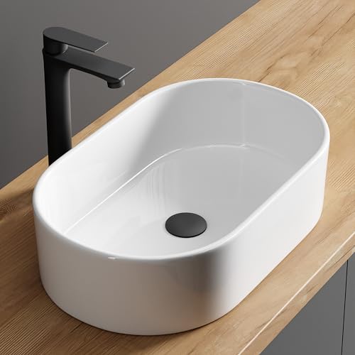 Planetmöbel Aquil Elegant Waschbecken Oval | Aufsatzwaschbecken für Badezimmer und Gäste-WC | Handwaschbecken ohne Hahnloch und Überlauf | Weiß, 55 x 34 x 14 cm