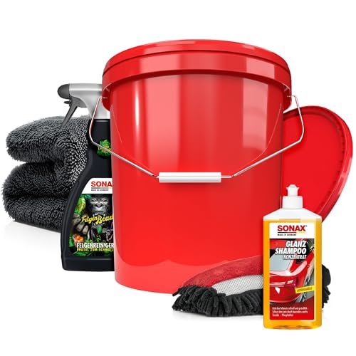 Autowäsche Set - SONAX: Autoshampoo, Felgenbeast Felgenreiniger - Detailmate: Trockentuch, Waschhandschuh, Wascheimer mit Deckel - Autoreinigungsset Aussen