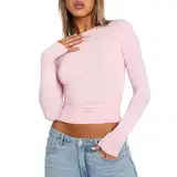 Himllauen Damen Langarmshirt Y2k Slim Fit Einfarbig Langarm Shirt Elegant Sexy Crop Tops Y2k Clothes Fashion Longsleeve für Frauen Mädchen (B Rosa, S)