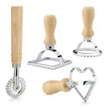 Ravioli Ausstecher Former, 4 Stück Ravioli Ausstecher Set, Ravioli Roller mit Holzgriff, Edelstahl Ravioli Ausstecher Set für Ravioli Pasta Knödel Werkzeug Keks