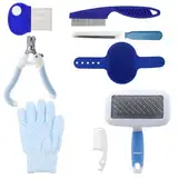 QGGTQG Kaninchen Pflege Set 8 Stück Kleintierpflegeset mit Trimmer Haustier, Nagelknipser, Feile, Haustiermassage, Badhandschuh, Floh Kamm für Katzen, Welpen, Kaninchen, Hamster (Blau)