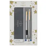 Parker Jotter Duo-Geschenkset mit Kugelschreiber und Füller | Edelstahl mit Goldzierteilen | Nachfüllmine und -patronen mit blauer Tinte | Geschenkbox