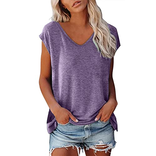 es Oberteil Damen Frauen Cap Sleeve Sommer Casual Tops V-Ausschnitt Einfarbig Casual Shirts Loose Fit Bluse Langarmshirt Mit Kragen Damen (Purple, M)