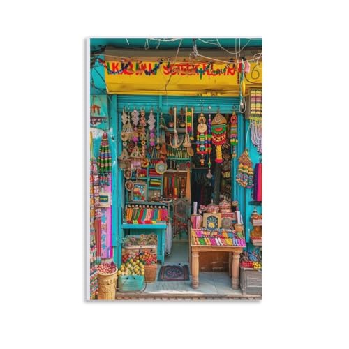 Farbenfrohes indisches Souvenirgeschäft, Leinwand-Poster, Wandkunst, Dekordruck, Bild Gemälde für Wohnzimmer, Schlafzimmer, Dekoration, 50 x 75 cm