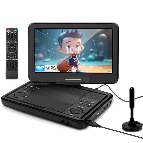 KCR Tragbarer DVD-Player, 25,7 cm (10,1 Zoll), eingebauter Fernseher DVB-T2 mit schwenkbarem LED-Bildschirm und/oder USB/HDMI/AV, wiederaufladbarer Akku und Dual-Stereo-Lautsprecher, kleiner Fernseher