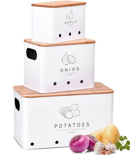 YESLUSY Kartoffel Aufbewahrungsbox 3er Set, Küche Aufbewahrung für Zwiebel Kartoffeln Knoblauch Aufbewahrung, Aufbewahrungsbox küche mit Belüftungslöchern, Lagerung und Lange Haltbarkeit (Weiß)