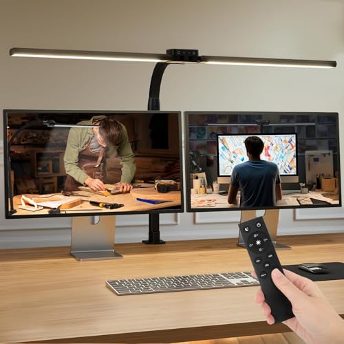 Schreibtischlampe LED Dimmbar Fernbedienung,1600 LM Doppelkopf Schreibtischlampe Klemmbar für Homeoffice,24W 75CM Augenschutz Schwanenhals Lampe mit 5 Farbmodi & Helligkeit,Moderne Monitor Lampe