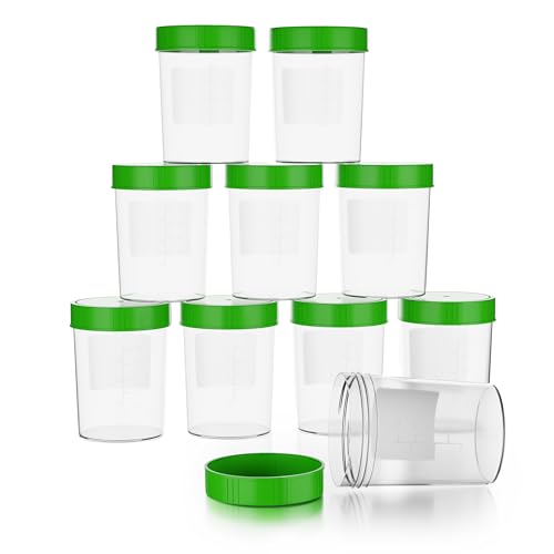 Theracaso Probenbecher Set – 10 Stück à 125 ml – inkl. 40 Etiketten - Auslaufsichere Urinbecher mit Schraubdeckel, graduiert bis 100ml – Für Küche, Basteln, Medizin, Urinproben -beschriftbar