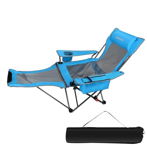 POEPORE Campingstuhl Faltbar mit Fußstütze 4-Fach Campingstühle Strandstuhl Liegestuhl für Erwachsene 120kg Verstellbarer Klappbarer Angelstuhl mit Kühltasche Kissen Getränkehalter Blau