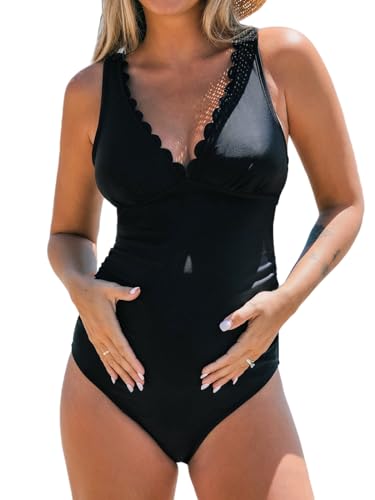 CUPSHE Damen Schwangerschafts Badeanzug V Ausschnitt Wellenkante Schnürung rücken Einteilige Umstandsbademode Swimsuit Schwarz XL