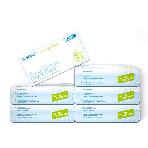 Ivyone Pure Cotton Dry Wipes (600 Tücher)， Premium-Watte Pflegetücher, trocken, sehr weich Biodegradable-Baumwolle für Empfindliche Haut, Baby-Pflegetücher, Abschminken Wipes