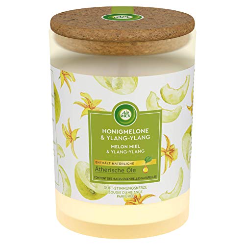 Air Wick Duft-Stimmungskerze im Glas – Duft: Honigmelone & Ylang-Ylang – Mit Deckel aus Kork für langanhaltende Frische – 1 x Duftkerze in weiß