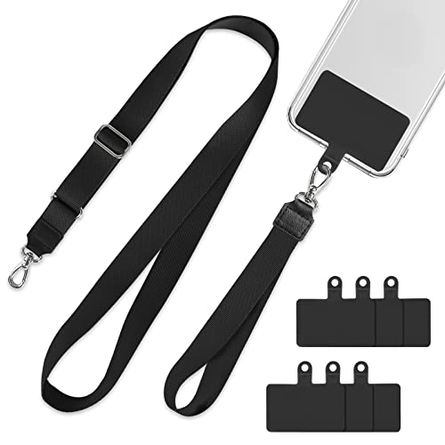 mylovetime Handykette, Universal Handy Lanyard verstellbar & abnehmbar 1x Halsband+1x Handschlaufe +6X Selbstklebende Einlagen kompatibel mit alle Smartphones Schwarz