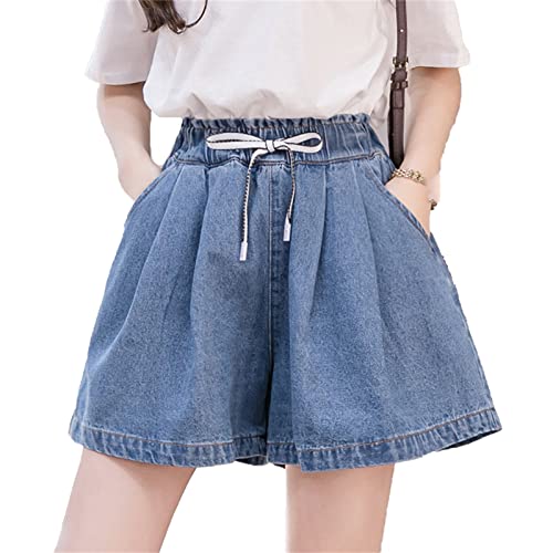 Generic Damen ÜBergrößE Bauchkontrolle Denim Shorts Entspannte Passform Kurze Jeans Mit Taschen Elastischer Kordelzugbund Zum Anziehen Kurze Jeans (3XL,Blau)