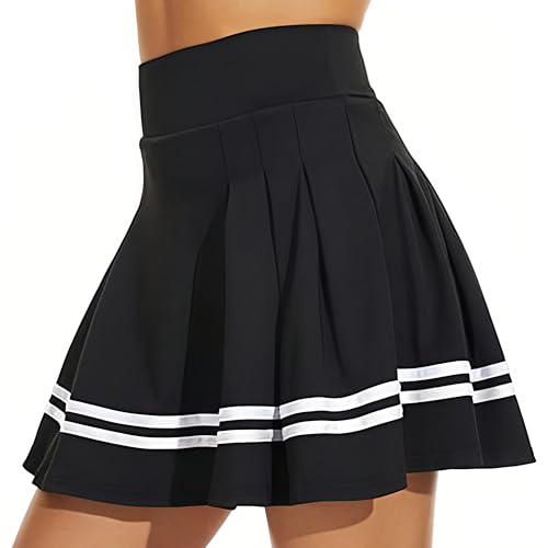 ThreeH Mädchen Falten Tennisrock Frauen hohe Taille Golf Skorts Shorts mit integriertem Futter und 2 Taschen für Laufsport Workout Activewear Schwarz