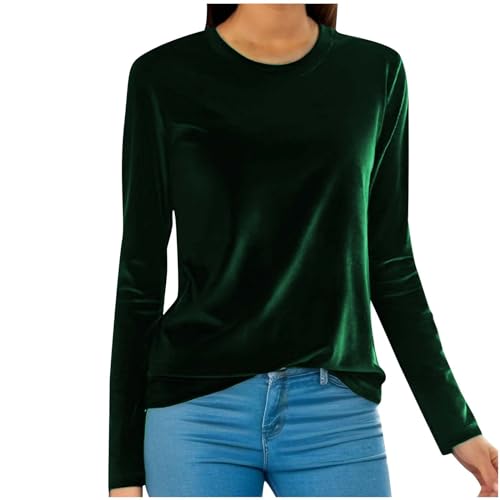 2025 - Samt-Oberteil, langärmelig, Damenhemden, einfarbig, Damenblusen, Übergröße, Samt-Sweatshirts für Damen, lässige T-Shirts, Oberteile, weiche Tunika, Rundhalspullover, Baumwollshirt (Green, M)