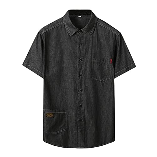 Momooda Herren Jeanshemd Leichte Regular Fit, kurzärmelige Button-Down-Hemden aus Denim, Lässige Sommerhemden aus 100% Baumwolle, Schwarz, XL