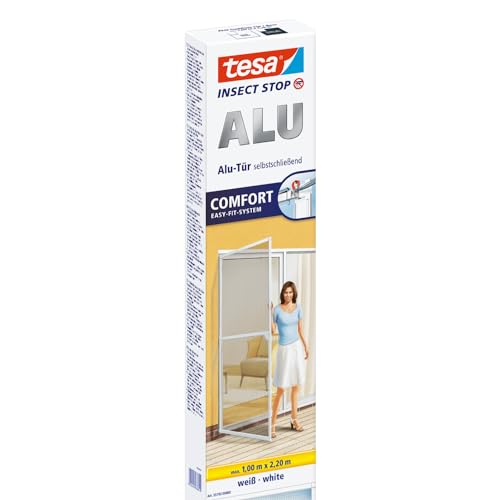 tesa Insect Stop ALU COMFORT Fliegengitter für Türen - Insektengitter mit Aluminium-Rahmen & Clear View - Tür Insektenschutz - Weiß, 100 cm x 220 cm