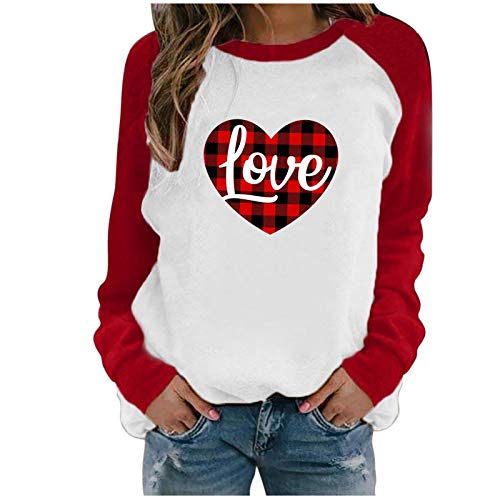 QWUVEDS Frauen Valentinstag Herz gedruckt Langarm Tops Bluse T-Shirt Hoodie Damen Sexy (Red, M)